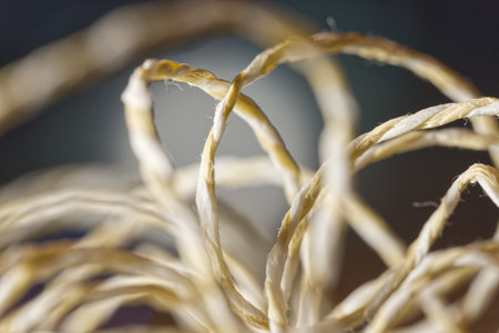Extreme close up of textured off-white paper cord with shallow depth of field and soft bokeh