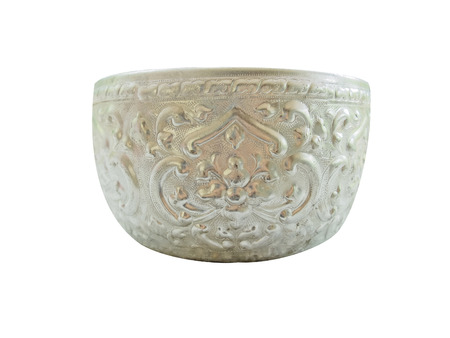 Old Silver Bowl Isolated on White Background with Clipping Pathの写真素材