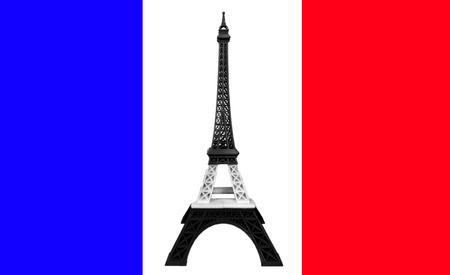 Pray for Paris Concept, Eiffel Tower Model in Monotone Black and White Stripe printed by 3D Printer on France Flagの写真素材