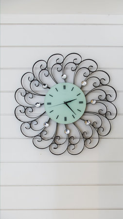 Vintage Style Analog Wall Clock with Curve Steel in Sun Ray Shape on Stripe White Wooden Wall...