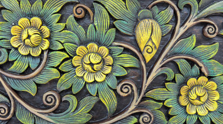 Carved Vintage Style Floral Pattern on Wooden Background Texture for Furniture Materialの写真素材