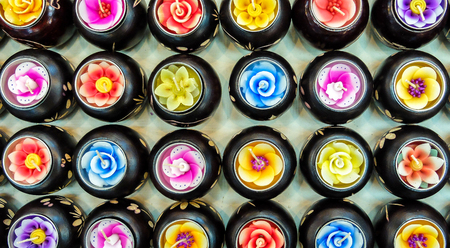 Pattern of Various Style Colorful Spa Candle in Flower Shape from Top View used as Templateの写真素材