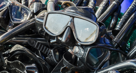 Group of Scuba Diving Kit Equipment in The Basket on The Speed Boat ready for Tourist to Take and Start Dive Adventure and Explore Under The Sea at The Destination used as Template to Mock up Textの写真素材