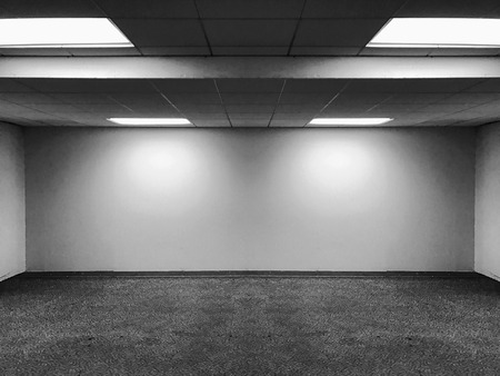 Perspective view Empty Space Monotone Black White Office Room with Row Ceiling LED Light Lamps and Lights Shade on Wall with Wooden Panel Floor for Gallery Interior / Mock Up Display Office Furnitureの写真素材