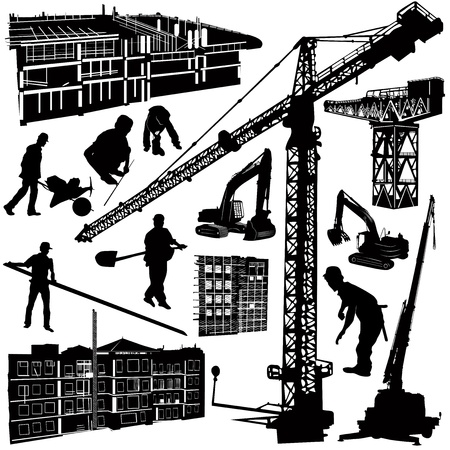 construction objects vector (crane - worker - building - skimmer) のイラスト素材