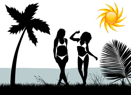 bikini woman with tropical sceneのイラスト素材