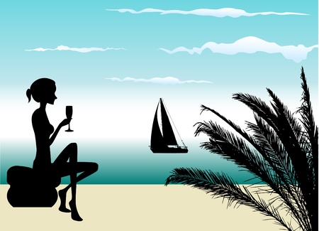 young woman drinking at the beachのイラスト素材
