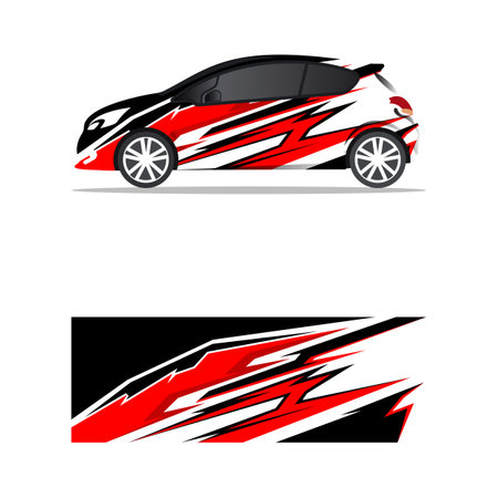 Racing Car hatchback branding mockup with racing wrap decal or livery design, Abstract racing graphics black red with backround. Editable vector templateのイラスト素材