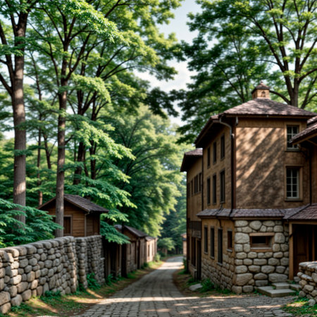 Wooden houses in the park on a background of green trees.の写真素材