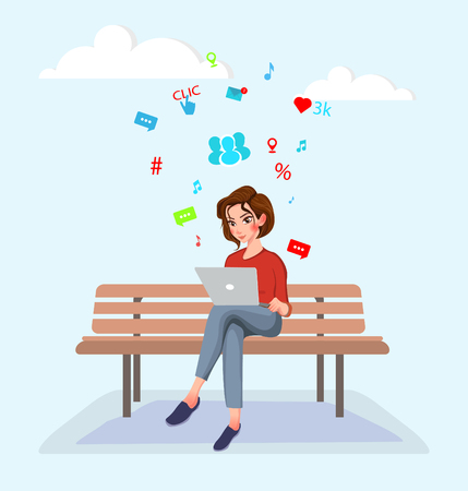 Young woman sitting on the bench and working with laptop. Cartoon illustration of social networking and texting to friends.のイラスト素材