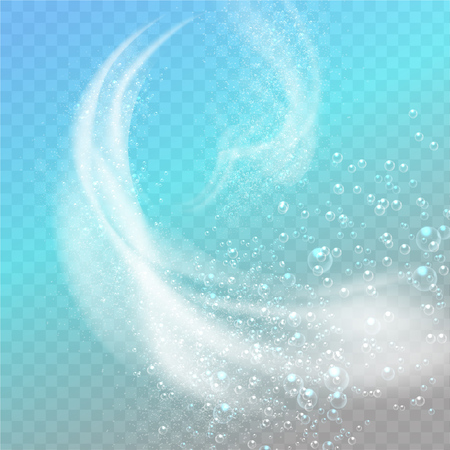 Abstract white foam. Effect of spray, whirlwind and blizzard on transparent background. Dynamic 3d elements for design of washing detergentsのイラスト素材