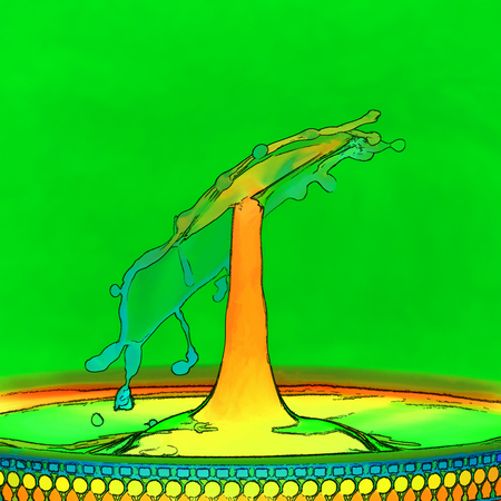 A computer generated cartoon drawing of a green and yellow water drop collisionの写真素材