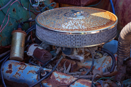 Close up of the old rusted motor of an abandoned car