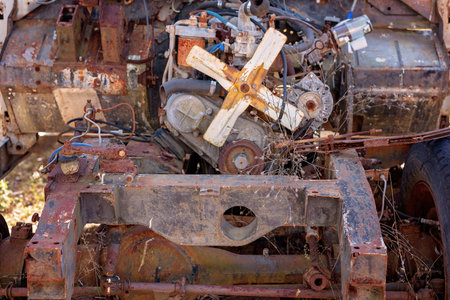 Close up of under the bonnet of an old abandoned rusted out car