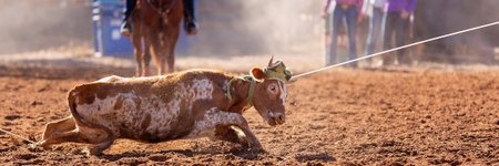 Calf being lassoed in a team calf roping event by cowboys at a country rodeo