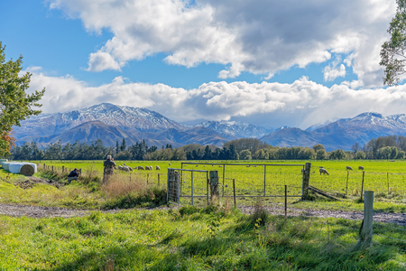 CHRISTCHURCH, NEW ZEALAND - April 2018: The snow capped alpine mountains and lush fields are popular with photographers especially during the autumn season. 16th April 2018.のeditorial素材