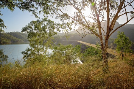 The sun rises through the foliage at Cania Gorge dam Queensland Australiaの写真素材