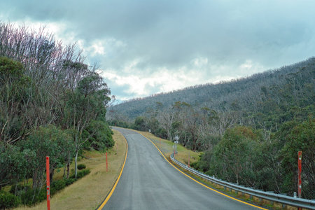 Road Trip - Red poles to show snow depth on road to ski fields in Australia