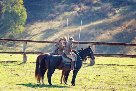 CORRYONG, VICTORIA, AUSTRALIA - APRIL 5TH 2019: The Man From Snowy River Bush Festival re-enactment, Light Horse Brigade lines up on 5th April 2019 prior to the re-enactment of Banjo Patterson's epic poem.のeditorial素材