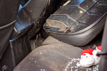 The damaged interior of a four wheel drive vehicle involved in a highway collisionの写真素材