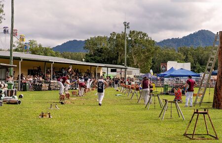 MACKAY, QUEENSLAND, AUSTRALIA - JUNE 16TH 2019: Men competing in wood chopping event at Pioneer Valley Country Showのeditorial素材