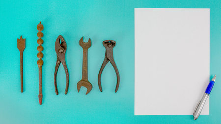 Old work tools and paper and pen for message fathers day overhead top view flatlay with copy space...