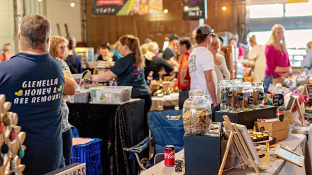 Mackay, Queensland, Australia - 12th July 2019: Indoor twilight markets in old retro waterfront...