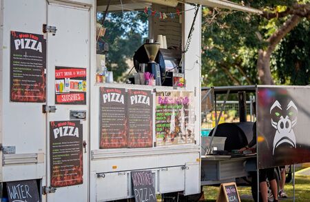 Mackay, Queensland, Australia - 20th July 2019: Hot pizza street market stall vendor at city's annual outdoor food and wine festivalのeditorial素材
