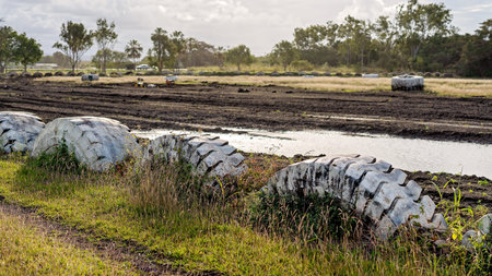 An empty muddy bike racing track edged with old painted rubber car tyres