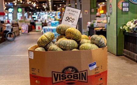 Brisbane, Queensland, Australia: 24th September 2019: Pumpkins for sale outside a fruit and vegetable store in a busy shopping centreのeditorial素材