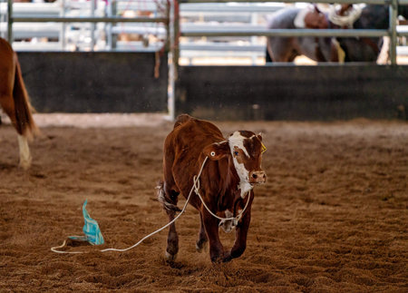 A calf with a rope around its neck running across an arena to escape cowboys on horseback