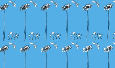 Repeating seamless pattern surface design illustration of birds flower dragonfly sketches on blue background for wallpaper, textile and wrapping paperの写真素材
