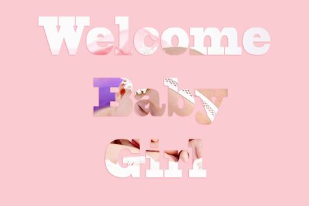 Welcome Baby Girl - text with female baby image forming the letters, suitable for immediate web, print, professional or personal useの写真素材