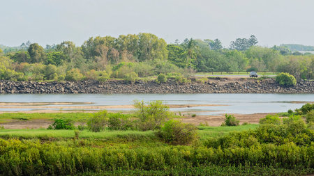 River at low tide with green vegetation in the foreground on a hazy day