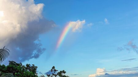 A beautiful rainbow in a cloudy sky after rainの写真素材