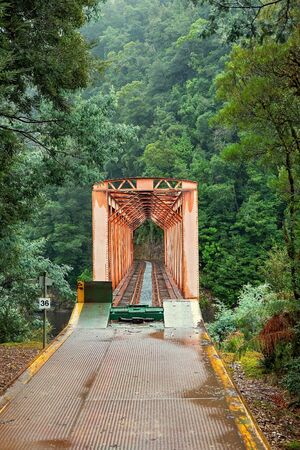 A steel bridge railway crossing over a creek on the route of the West Coast Wilderness Railway in Tasmania, Australia. Cinematic colour toning.の写真素材