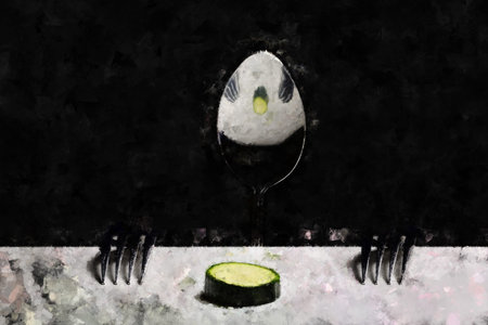 Digital artistry illustration - abstract watercolor painting concept - the forks are the hands, the spoon is the face, zucchini is the dish to be eatenの写真素材