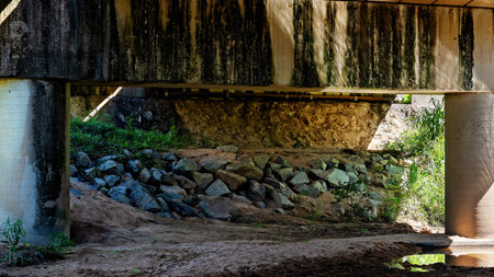 Underneath a highway concrete bridge over a creek bankの写真素材