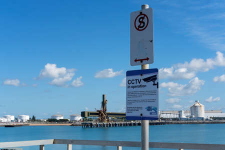 Mackay, Queensland, Australia - June 2020: CCTV signage and no parking sign at Mackay harbourのeditorial素材