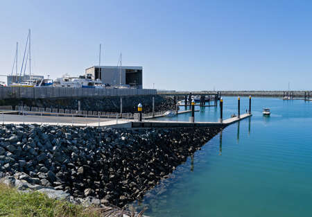 Mackay, Queensland, Australia - June 2020: Public recreational boat ramp and shipyard for repairs at marinaのeditorial素材