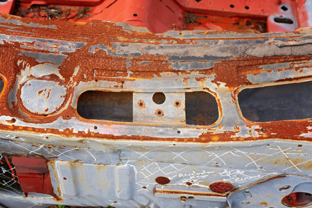 Close up of the rusty frame of a classic car which was undergoing restoration but is now abandoned
