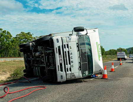 Townsville, Queensland, Australia - June 2020: A truck rollover on the Bruce Highway which held up traffic and was attended by emergency servicesのeditorial素材