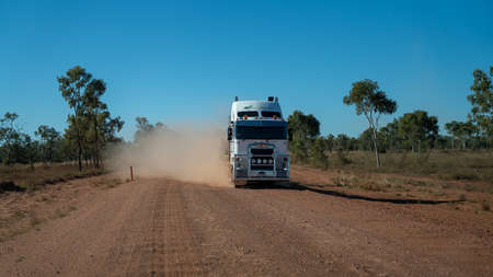 Undara to Townsville highway, Queensland, Australia - June 2020: Transport truck on outback highway inland routeのeditorial素材