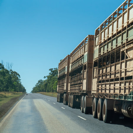Townsville to Undara highway, Queensland, June 2020: Two road trains carting cattle to market