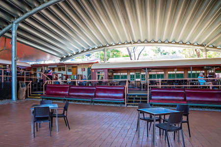 Undara Volcanic National Park, Queensland, Australia - June 2020: Dining and gathering area for guests at outback resort with converted train carriagesのeditorial素材