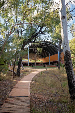 Undara Volcanic National Park, Queensland, Australia - June 2020: Dining and gathering area for guests at outback resort with converted train carriagesのeditorial素材