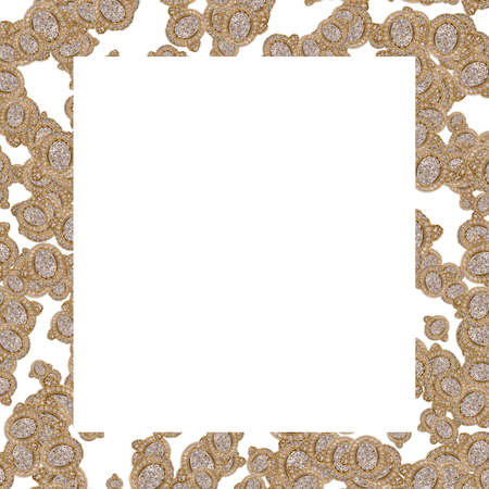 Close up of a halo diamond ring randomly repeated against a white background forming a frame around a blank white noticeboardの写真素材