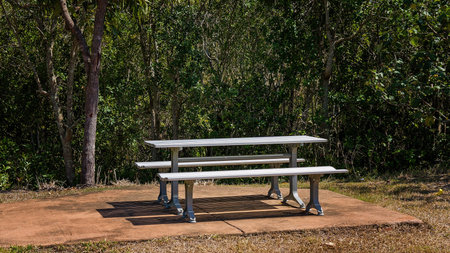 A picnic table and seating on a concrete pad for resting along a walking track in bushland