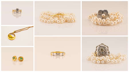 Collage of jewellery featuring diamond rings, gold pendant, emerald earrings, broaches and pearl necklacesの写真素材
