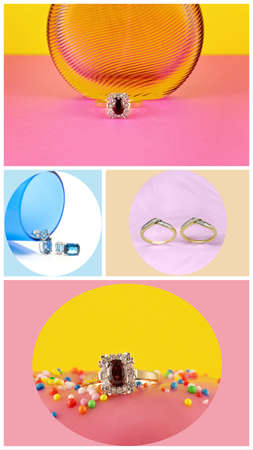 Collage of four images of jewelry including diamonds, garnet, and aquamarine stones, all on colored backgroundsの写真素材